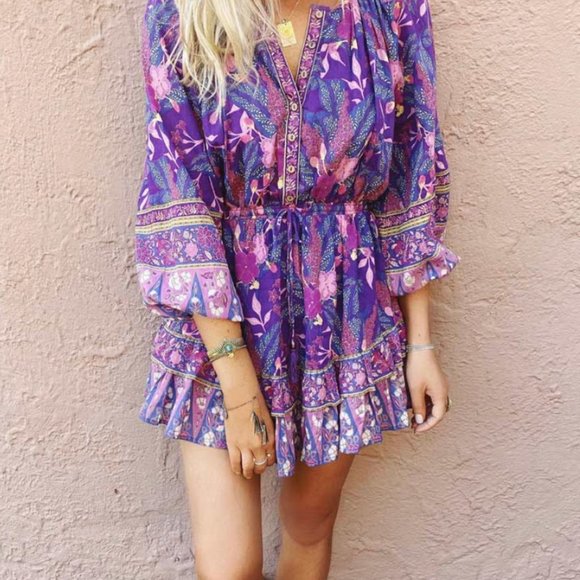 Bohemian Gypsy Purple Floral Print Mini Ruffle dress - Picture 2 of 16
